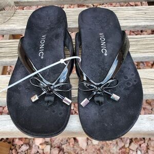 VIONIC Bella II Black Size 7 Sandal Suede Footbed Orthaheel Bow Thong Flip Flops